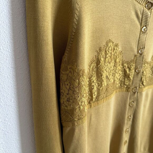 Vtg Y2K Moda International Sweater Womens Large Mustard Yellow Cardigan Lace 90s - Picture 5 of 14